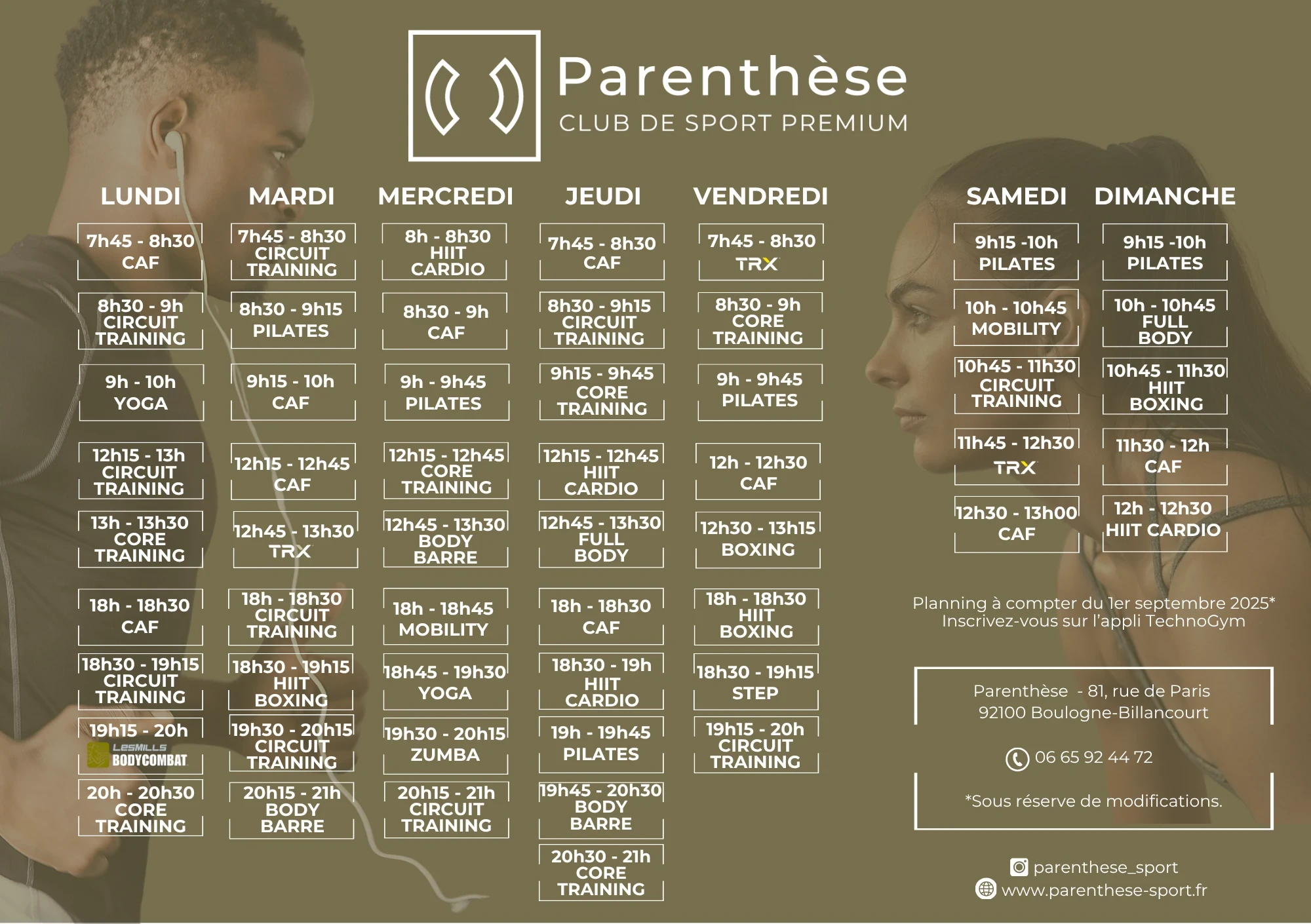 Planning du Club de sport Premium Parenth&egrave;se &agrave; Boulogne-Billancourt